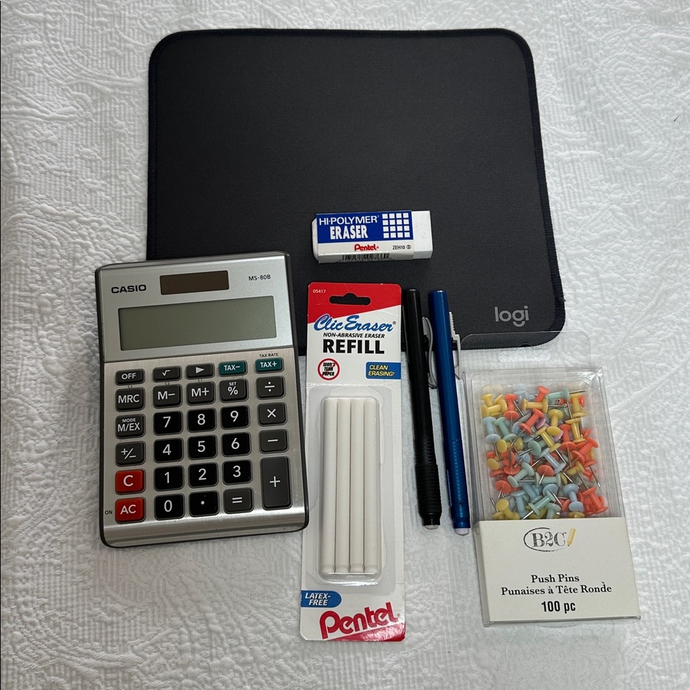 Clic Erasers, Casio MS-80B, Mouse Pad, Tacks